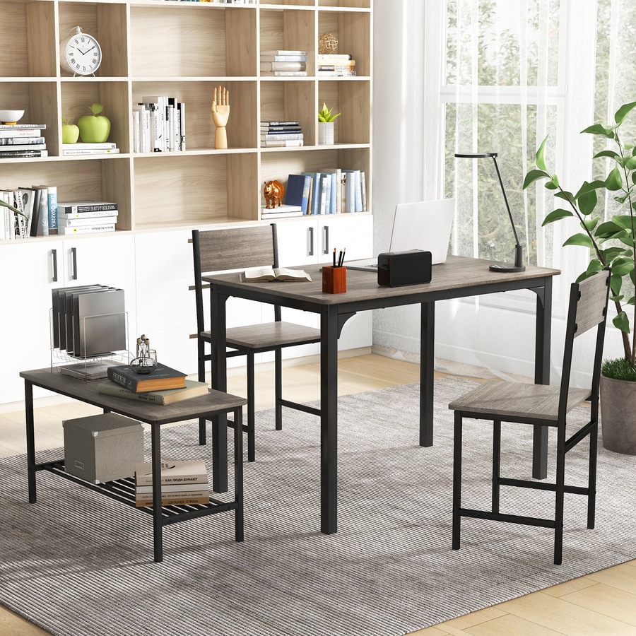 4pcs Retro Dining Set Dining Table and Chairs Set Bench Seat w/Storage Rack Breakfast Kitchen Cafe Home Furniture