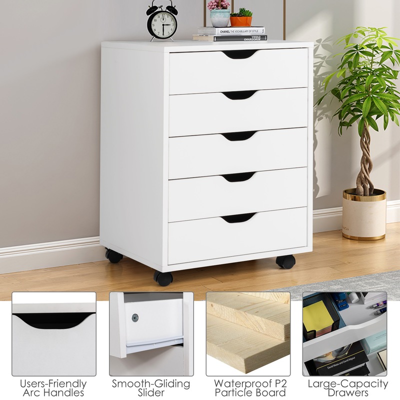 Costway 5 Drawer Dresser Storage Cabinet Chest w/Wheels for Home Office  White