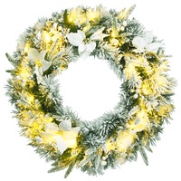 Costway 60CM LED Christmas Wreath Snowy Xmas Decoration w/114Tips Timer/Pine Needles/Poinsettias/White Berries Home Wall Door