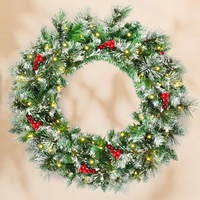 Costway 60CM Snowy Christmas Wreath LED Xmas Garland Hanging Decor w/Timer Green
