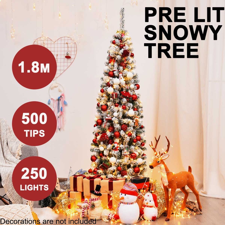Costway1.8M Pre-lit Snowy Slim Christmas Tree w/Warm Lights Snow Flocked Hinged Xmas Home Decoration White