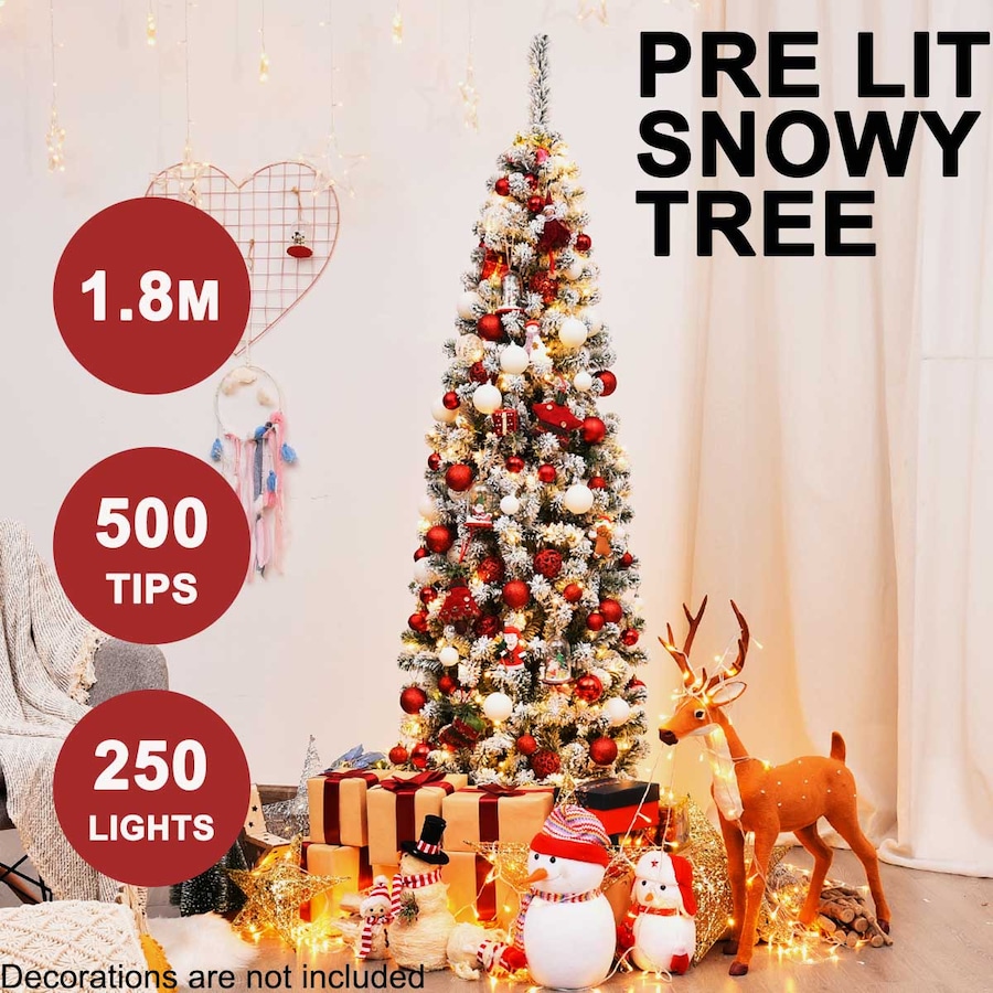 Costway1.8M Pre-lit Snowy Slim Christmas Tree w/Warm Lights Snow Flocked Hinged Xmas Home Decoration White