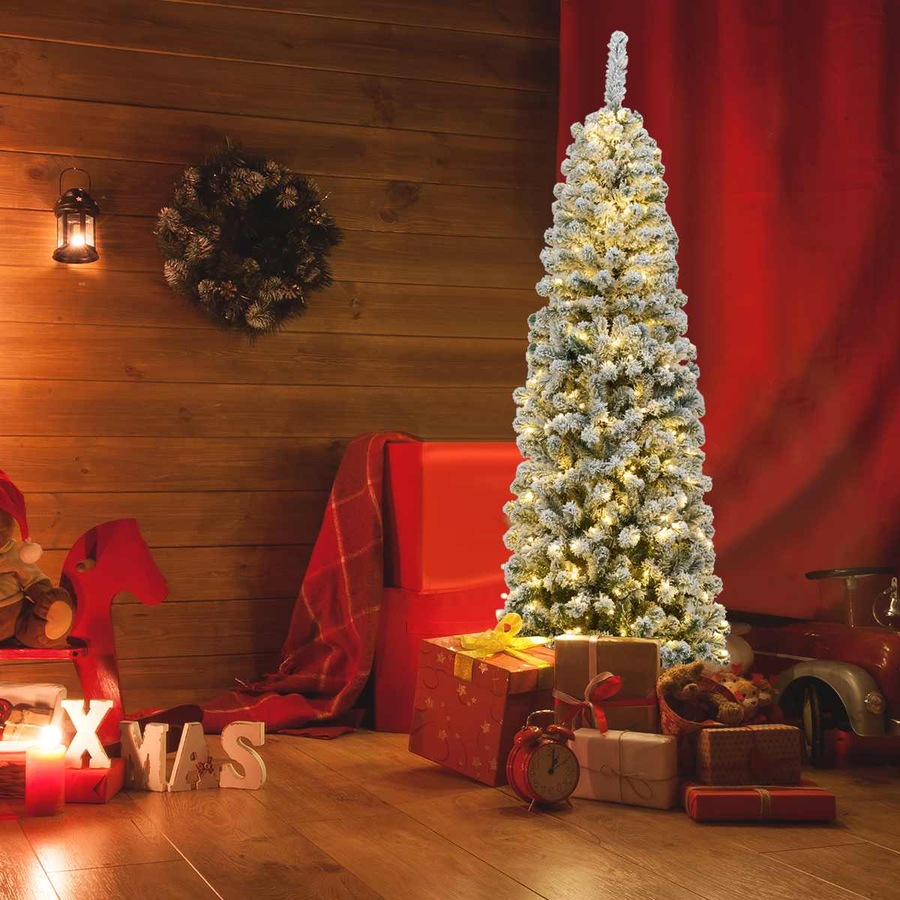 Costway1.8M Pre-lit Snowy Slim Christmas Tree w/Warm Lights Snow Flocked Hinged Xmas Home Decoration White