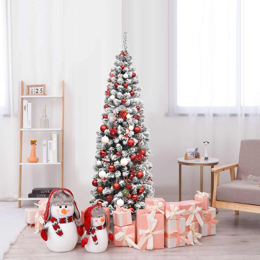 Costway1.8M Pre-lit Snowy Slim Christmas Tree w/Warm Lights Snow Flocked Hinged Xmas Home Decoration White