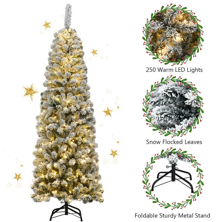 Costway1.8M Pre-lit Snowy Slim Christmas Tree w/Warm Lights Snow Flocked Hinged Xmas Home Decoration White
