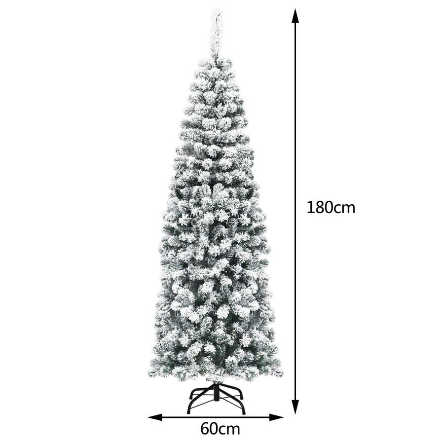 Costway1.8M Pre-lit Snowy Slim Christmas Tree w/Warm Lights Snow Flocked Hinged Xmas Home Decoration White