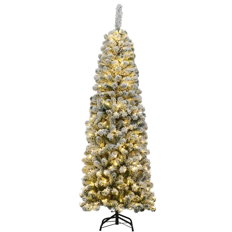 Costway1.8M Pre-lit Snowy Slim Christmas Tree w/Warm Lights Snow Flocked Hinged Xmas Home Decoration White