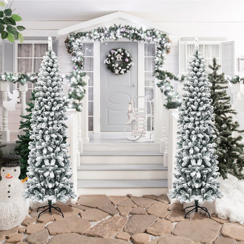 Buy Costway 2.3M Slim Christmas Tree/Hinged Snow Flocked Xmas Tree/Home ...