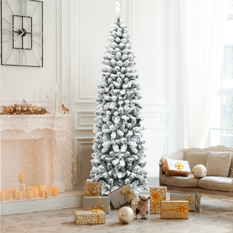 Buy Costway 2.3M Slim Christmas Tree/Hinged Snow Flocked Xmas Tree/Home ...