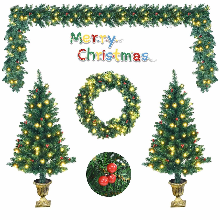 Costway 4PCS Christmas Door Wreath & Garland & 2 Pack Entrance Trees w/200 LED Lights/Red Berries Green