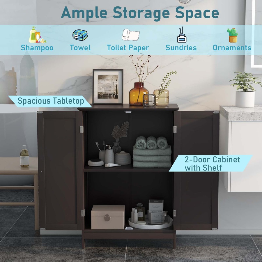 Costway Bathroom Cabinet Wooden Storage Cupboard w/2 Doors Hallway Table Kitchen Sideboard Brown
