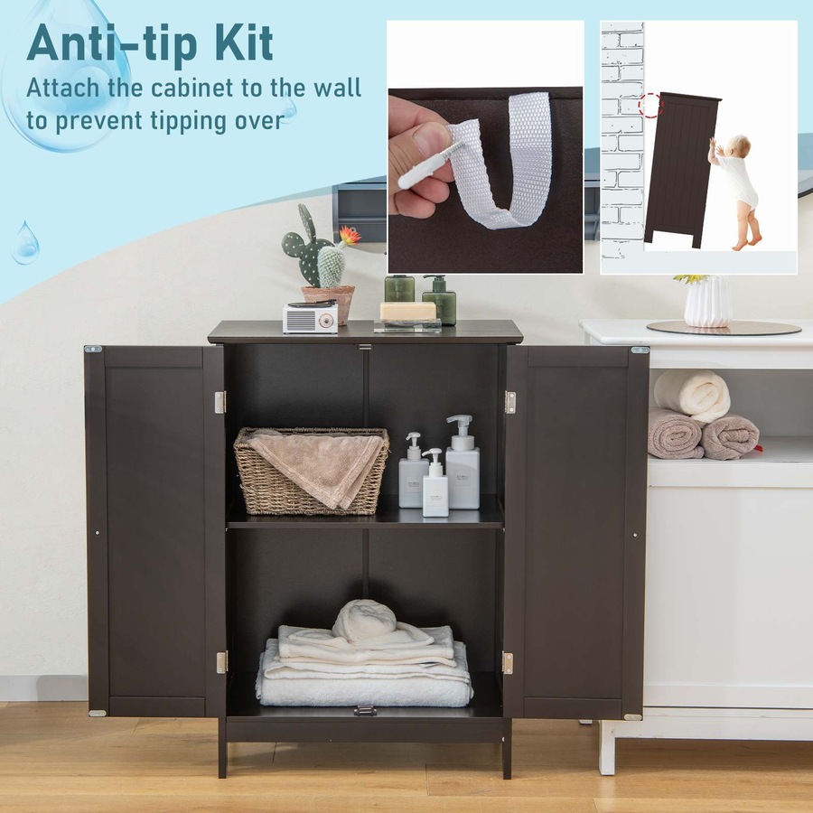 Costway Bathroom Cabinet Wooden Storage Cupboard w/2 Doors Hallway Table Kitchen Sideboard Brown