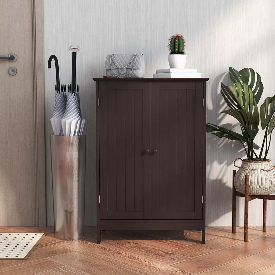Costway Bathroom Cabinet Wooden Storage Cupboard w/2 Doors Hallway Table Kitchen Sideboard Brown