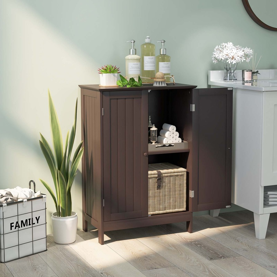 Costway Bathroom Cabinet Wooden Storage Cupboard w/2 Doors Hallway Table Kitchen Sideboard Brown
