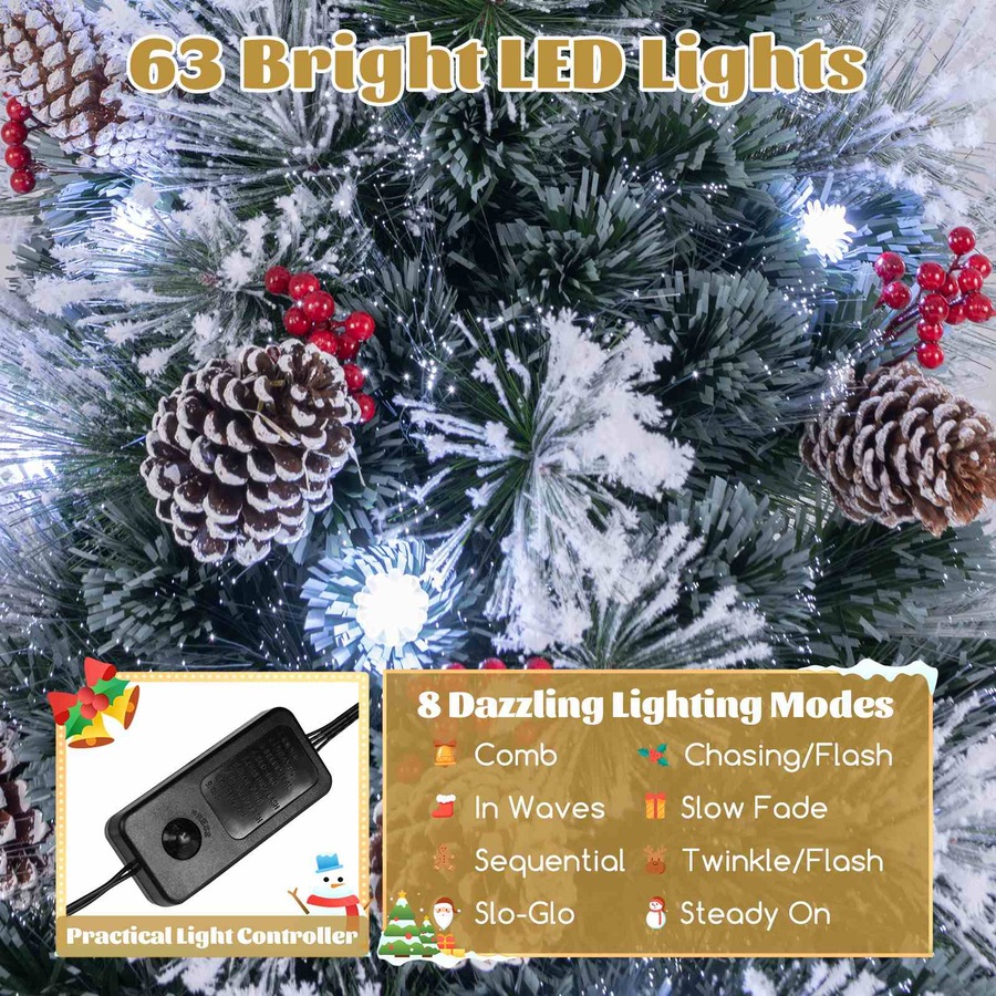Costway Pre-Lit Snowy Christmas Tree Artificial Xmas Tree w/Optic Fibre & 8 Lighting Modes Fairy Light Decoration