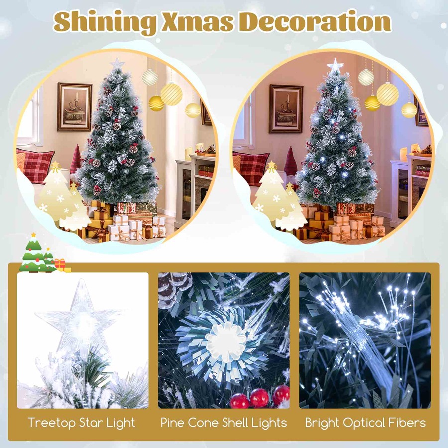 Costway Pre-Lit Snowy Christmas Tree Artificial Xmas Tree w/Optic Fibre & 8 Lighting Modes Fairy Light Decoration