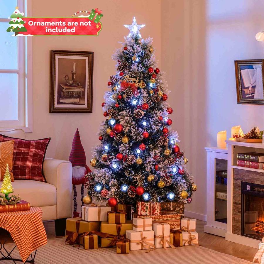 Costway Pre-Lit Snowy Christmas Tree Artificial Xmas Tree w/Optic Fibre & 8 Lighting Modes Fairy Light Decoration