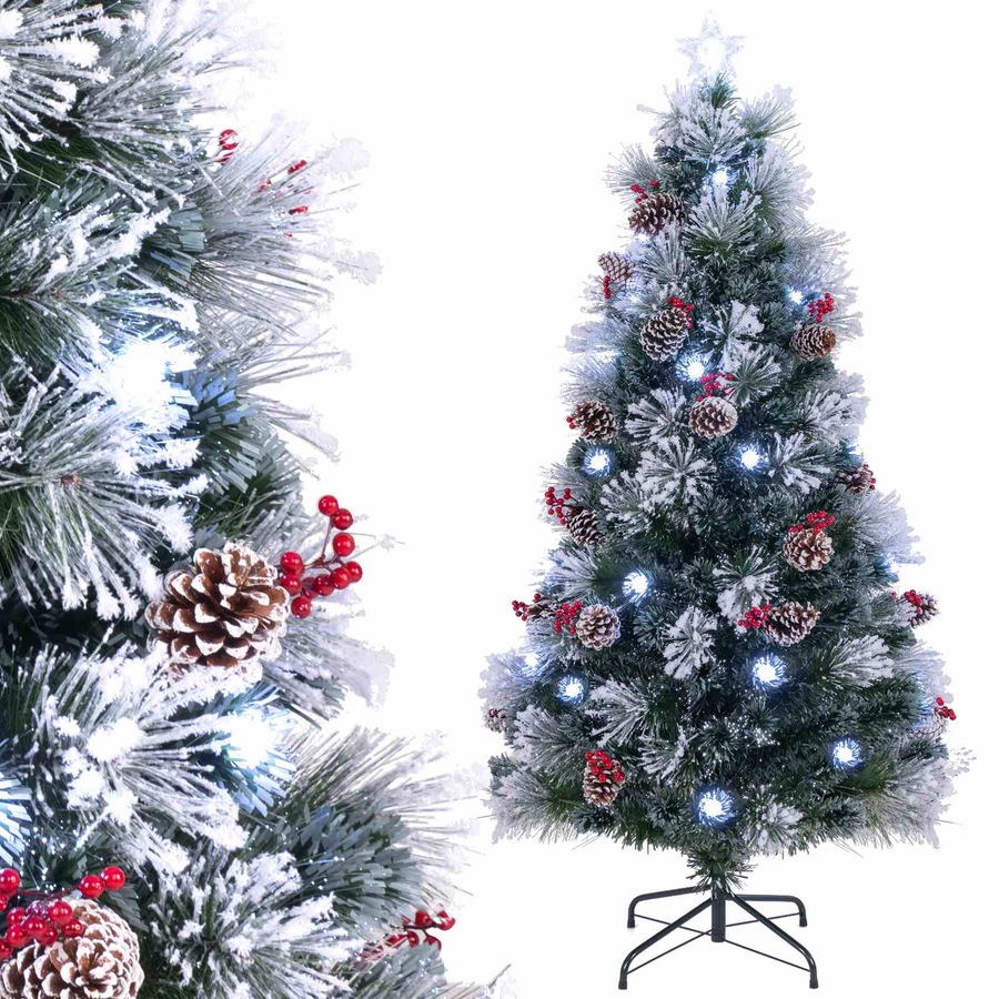 Costway Pre-Lit Snowy Christmas Tree Artificial Xmas Tree w/Optic Fibre & 8 Lighting Modes Fairy Light Decoration