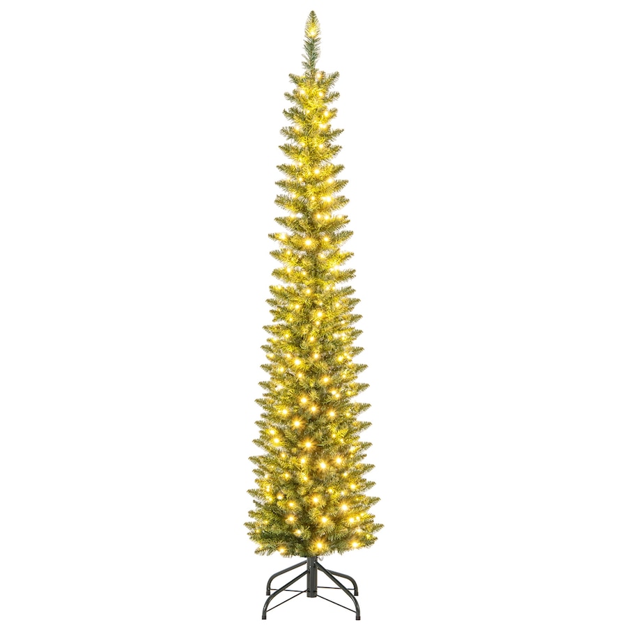 Costway 180CM Pre-Lit Artificial Christmas Tree Slim Pencil Xmas Tree w/390 Branch Tips Warm White LED Lights Multicolor