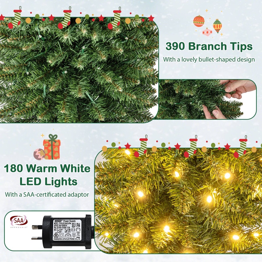 Costway 180CM Pre-Lit Artificial Christmas Tree Slim Pencil Xmas Tree w/390 Branch Tips Warm White LED Lights Multicolor