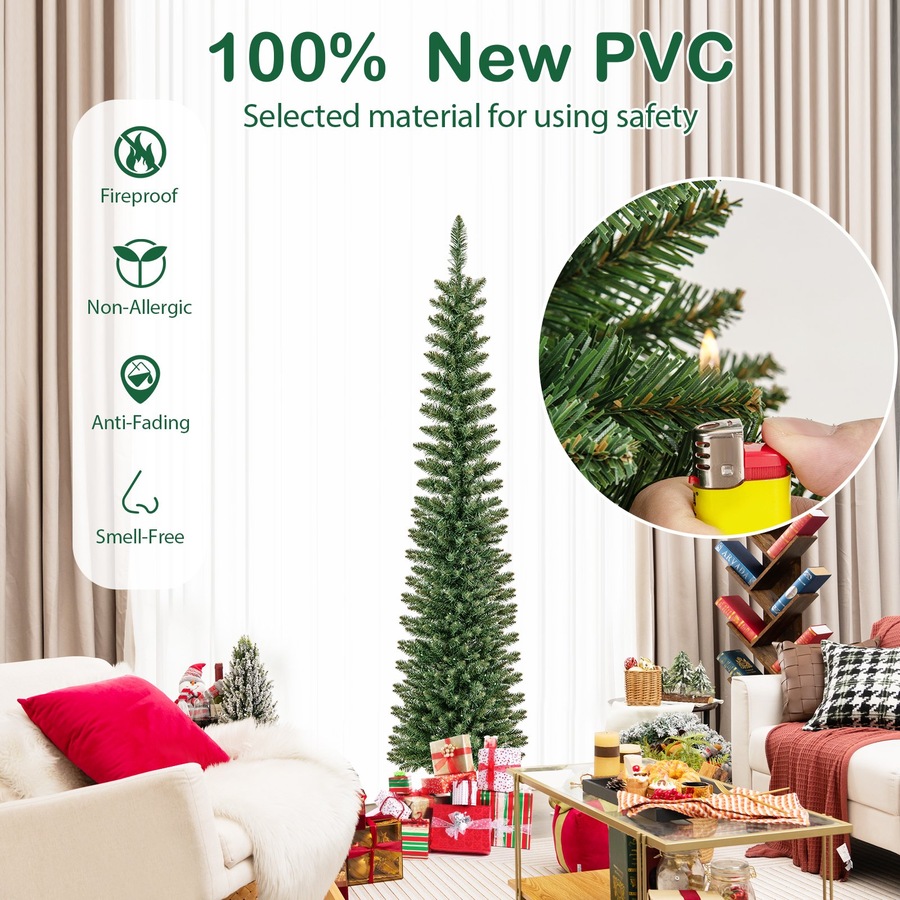 Costway 180CM Pre-Lit Artificial Christmas Tree Slim Pencil Xmas Tree w/390 Branch Tips Warm White LED Lights Multicolor