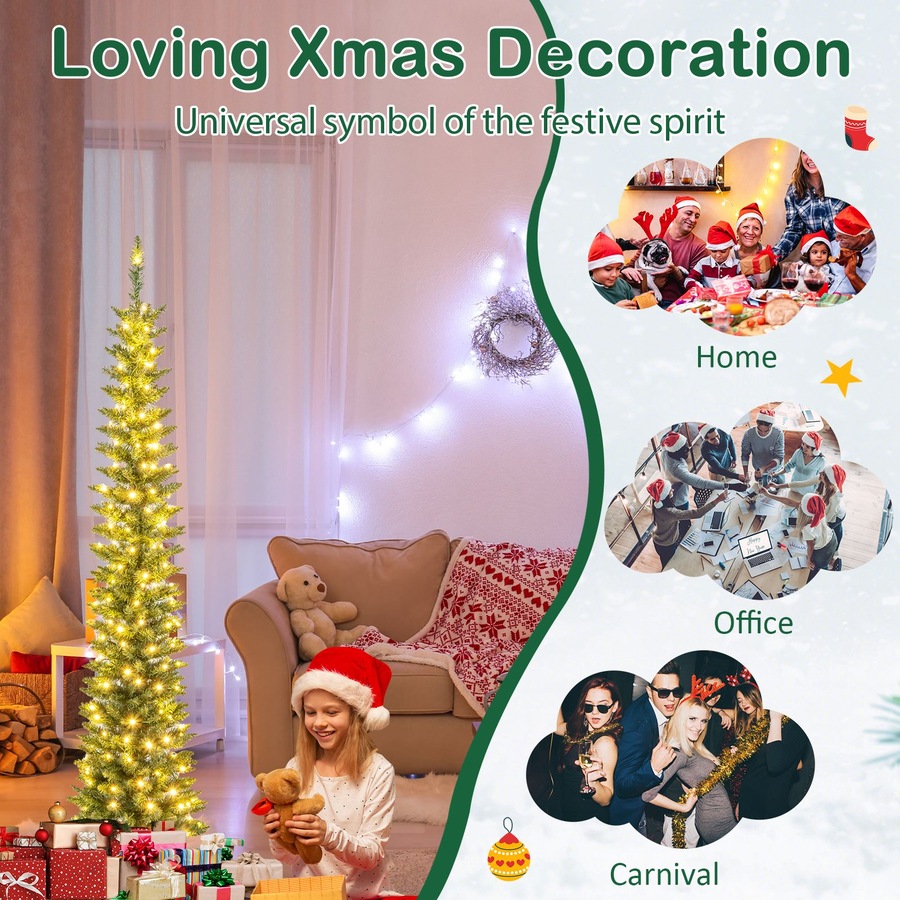 Costway 180CM Pre-Lit Artificial Christmas Tree Slim Pencil Xmas Tree w/390 Branch Tips Warm White LED Lights Multicolor