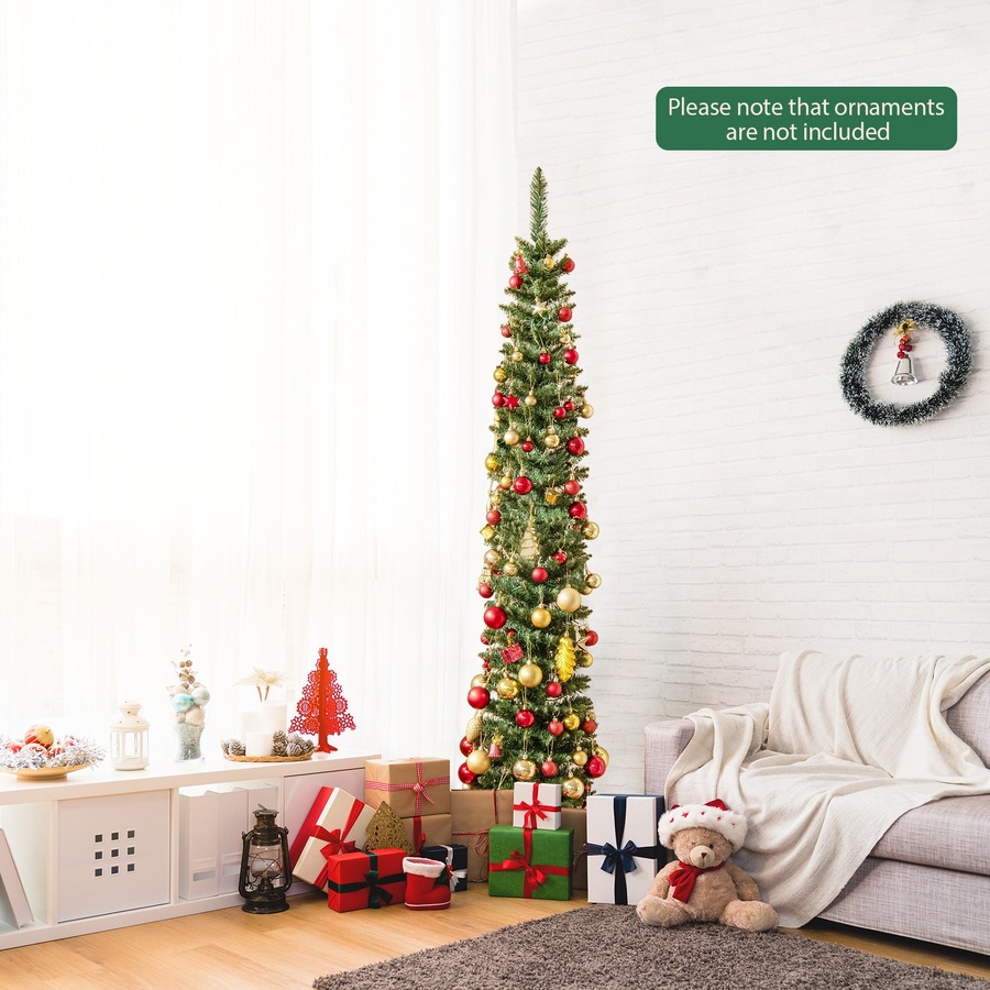 Costway 180CM Pre-Lit Artificial Christmas Tree Slim Pencil Xmas Tree w/390 Branch Tips Warm White LED Lights Multicolor