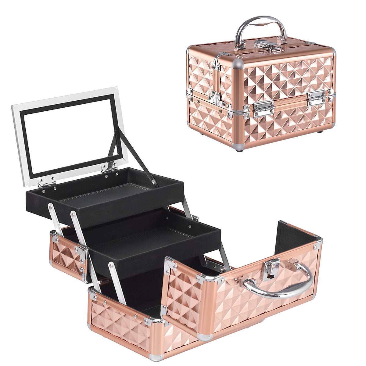 Costway Portable Cosmetic Makeup Case, Beauty Case, Makeup Organiser, with Mirror / Rosegold