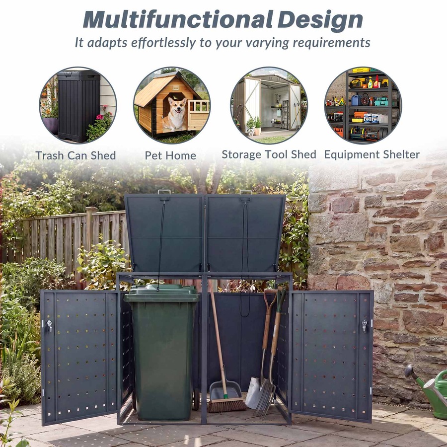 Costway 1.24m³ Outdoor Garbage Bin Shelter Metal Storage Shed Trash Can Enclosure w/Gas Struts Shock Absorbers Lockable