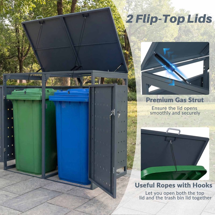 Costway 1.24m³ Outdoor Garbage Bin Shelter Metal Storage Shed Trash Can Enclosure w/Gas Struts Shock Absorbers Lockable