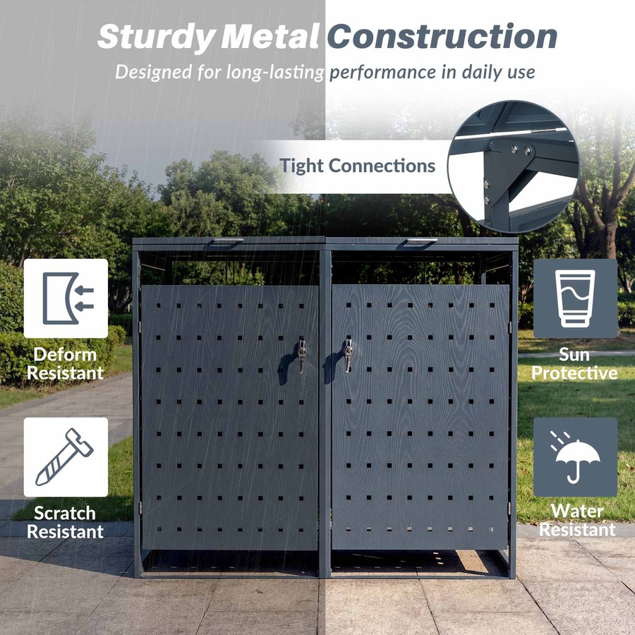 Costway 1.24m³ Outdoor Garbage Bin Shelter Metal Storage Shed Trash Can Enclosure w/Gas Struts Shock Absorbers Lockable