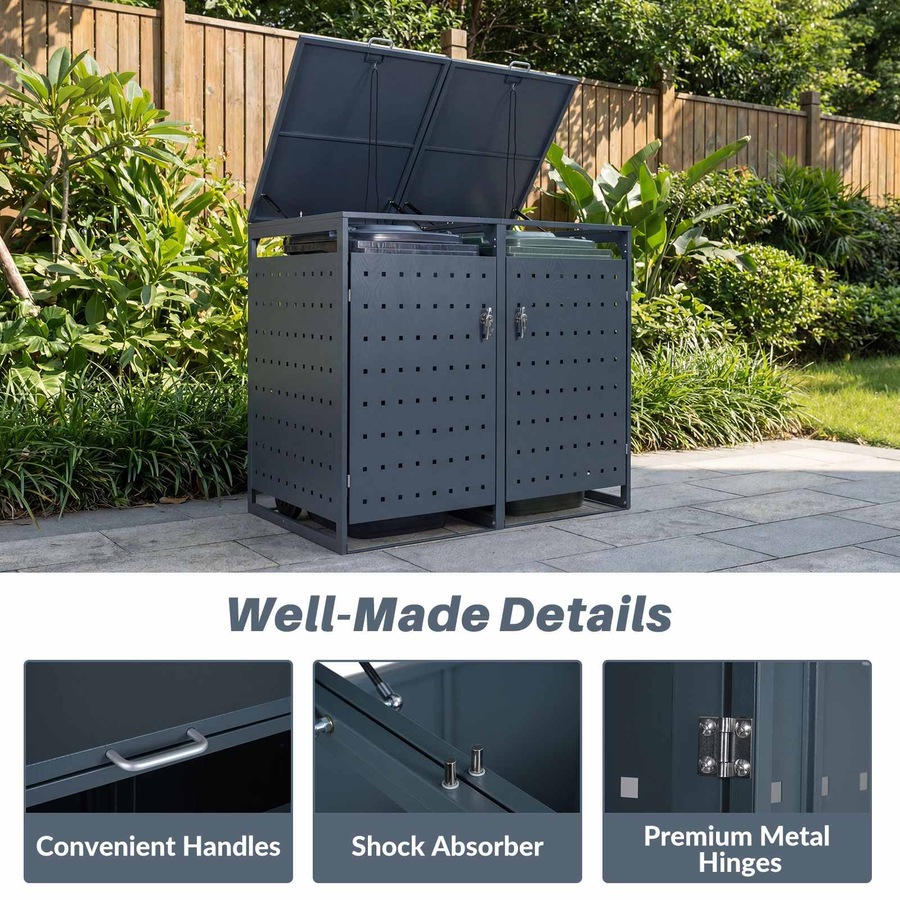 Costway 1.24m³ Outdoor Garbage Bin Shelter Metal Storage Shed Trash Can Enclosure w/Gas Struts Shock Absorbers Lockable