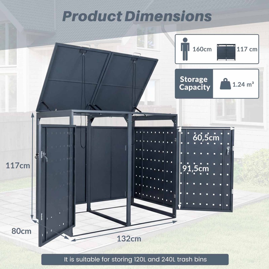 Costway 1.24m³ Outdoor Garbage Bin Shelter Metal Storage Shed Trash Can Enclosure w/Gas Struts Shock Absorbers Lockable