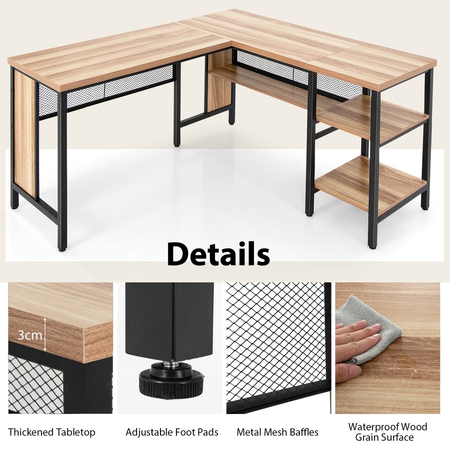 Costway 1.5M L-shaped Office Desk Corner Desk w/Shelves Writing Desk Computer Workstation Natural