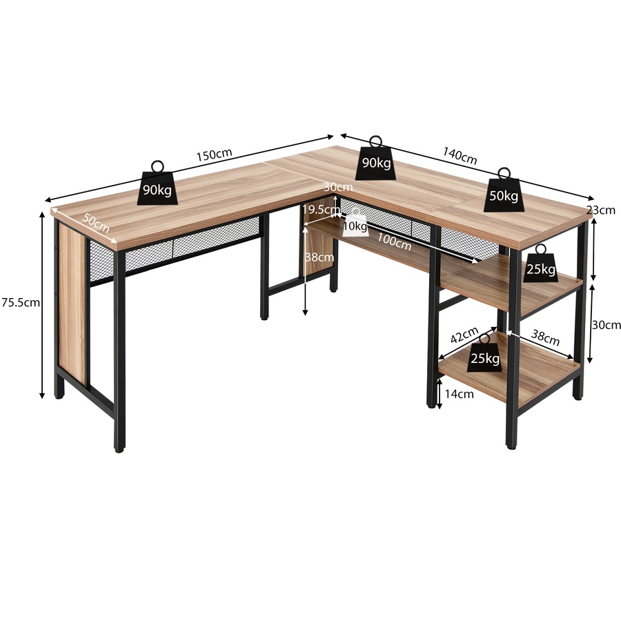 Costway 1.5M L-shaped Office Desk Corner Desk w/Shelves Writing Desk Computer Workstation Natural