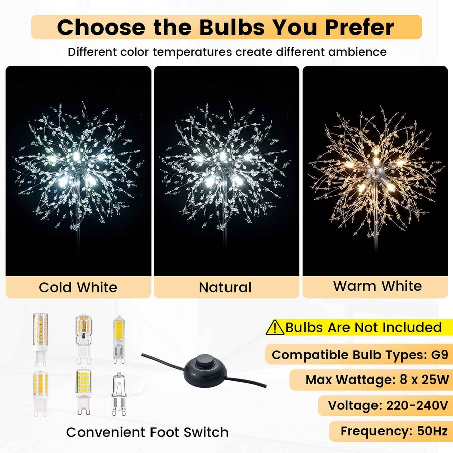 Costway 1.6m Crystal Floor Lamp Modern Dandelion Reading Light Metal Pole Lamp Foot Switch Living Room Bedisde