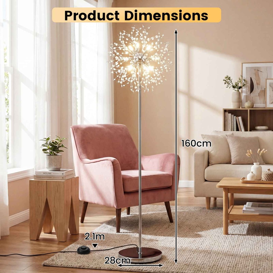 Costway 1.6m Crystal Floor Lamp Modern Dandelion Reading Light Metal Pole Lamp Foot Switch Living Room Bedisde