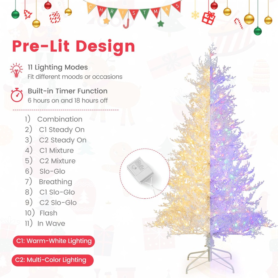 Costway 1.85M Pre-Lit Christmas Tree Snow-Flocked w/383 Tips 300 Lights 11 Modes Artificial Xmas Tree Home Party White