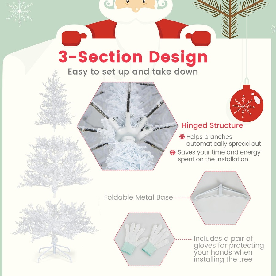 Costway 1.85M Pre-Lit Christmas Tree Snow-Flocked w/383 Tips 300 Lights 11 Modes Artificial Xmas Tree Home Party White