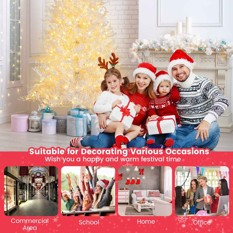 Costway 1.85M Pre-Lit Christmas Tree Snow-Flocked w/383 Tips 300 Lights 11 Modes Artificial Xmas Tree Home Party White