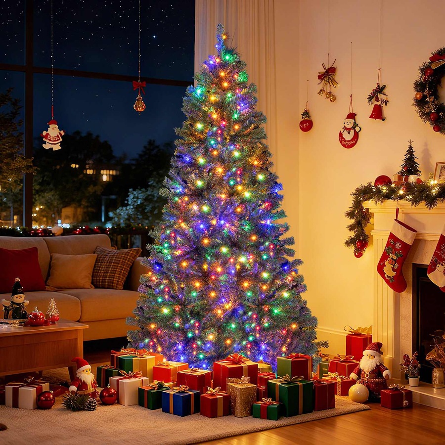 Costway 1.8M Artificial Christmas Tree Pre-lit Hinged Xmas Decor w/500 Multicolored LED Lights 635 Tips Home Office Party