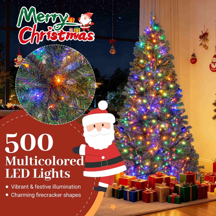 Costway 1.8M Artificial Christmas Tree Pre-lit Hinged Xmas Decor w/500 Multicolored LED Lights 635 Tips Home Office Party