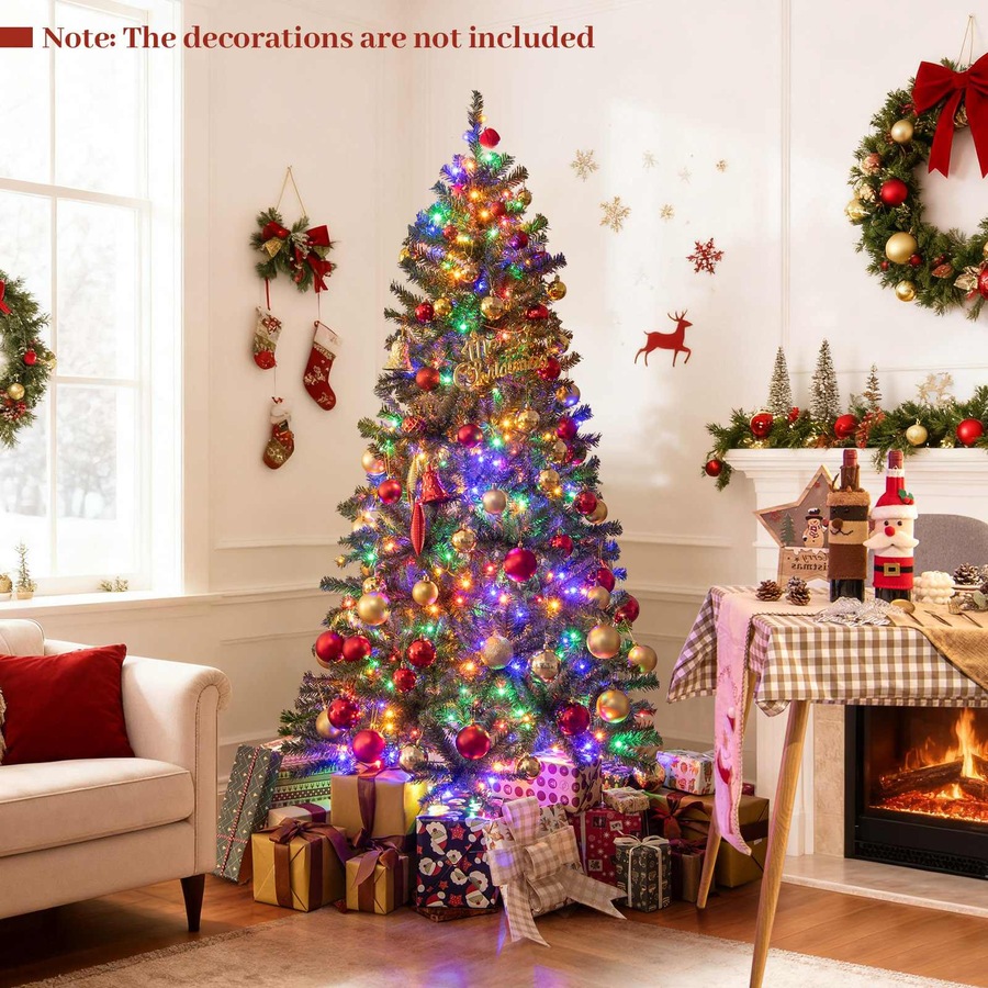 Costway 1.8M Artificial Christmas Tree Pre-lit Hinged Xmas Decor w/500 Multicolored LED Lights 635 Tips Home Office Party
