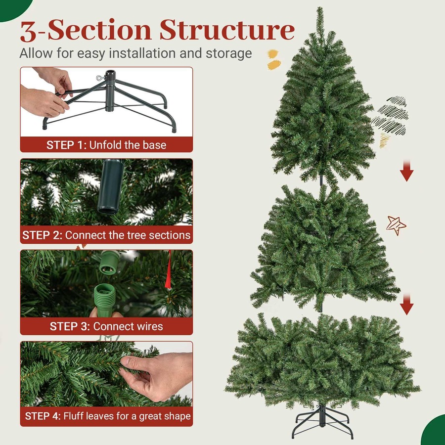 Costway 1.8M Artificial Christmas Tree Pre-lit Hinged Xmas Decor w/500 Multicolored LED Lights 635 Tips Home Office Party