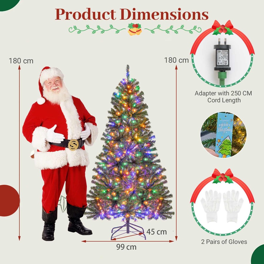 Costway 1.8M Artificial Christmas Tree Pre-lit Hinged Xmas Decor w/500 Multicolored LED Lights 635 Tips Home Office Party