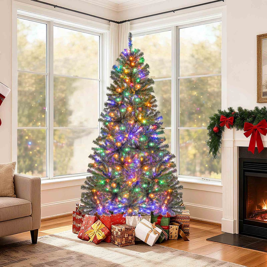 Costway 1.8M Artificial Christmas Tree Pre-lit Hinged Xmas Decor w/500 Multicolored LED Lights 635 Tips Home Office Party