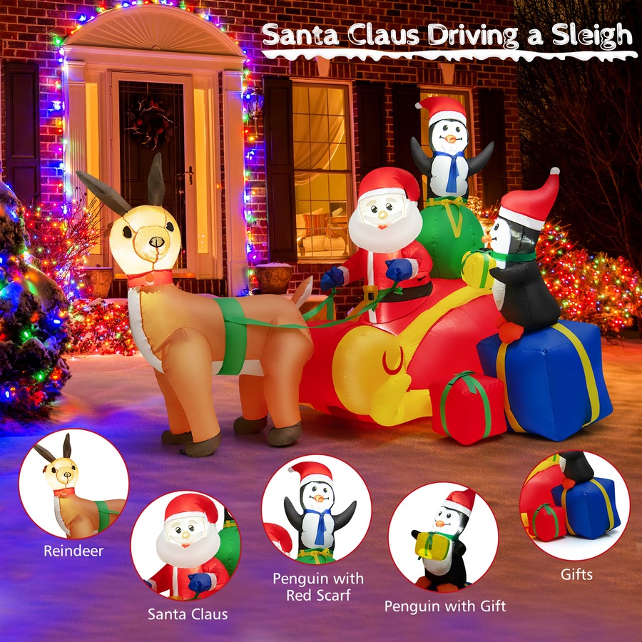 Costway 1.8M Inflatable Christmas Santa Sleigh Reindeer Outdoor Xmas Lights Party Decor Gift