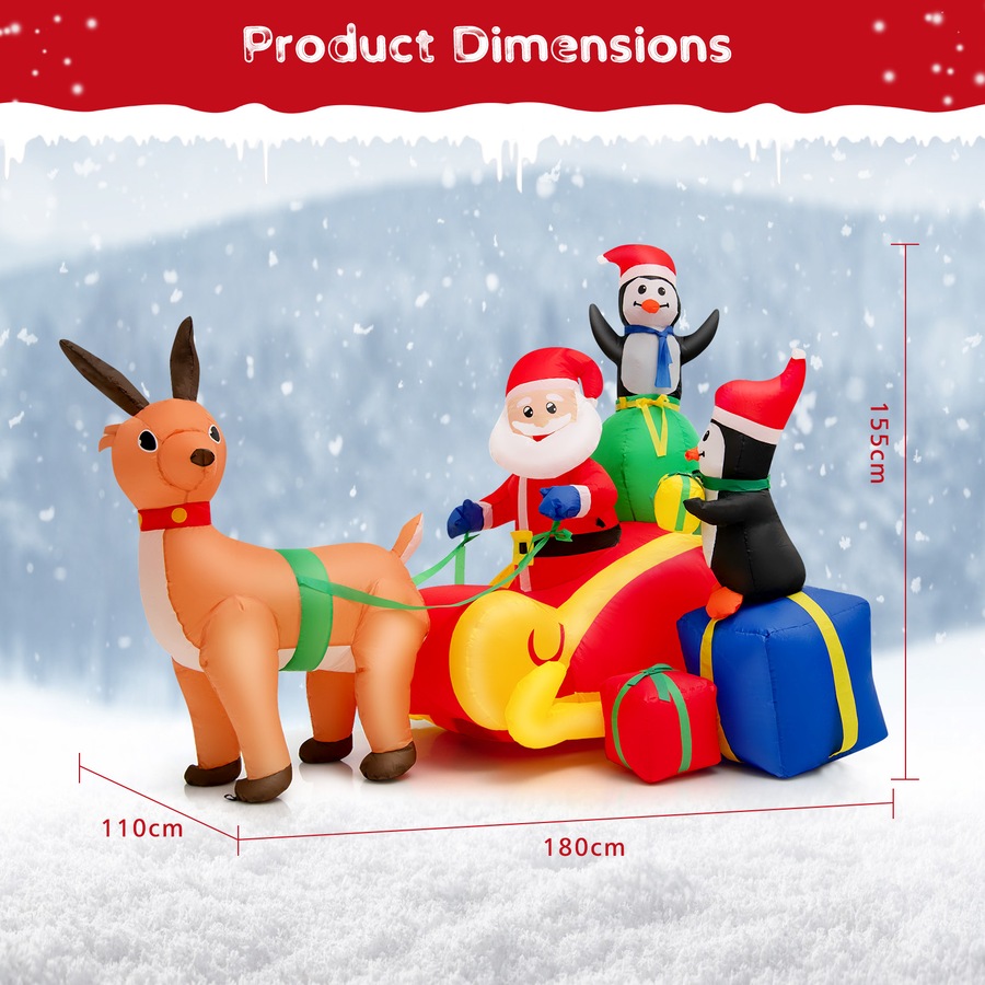 Costway 1.8M Inflatable Christmas Santa Sleigh Reindeer Outdoor Xmas Lights Party Decor Gift