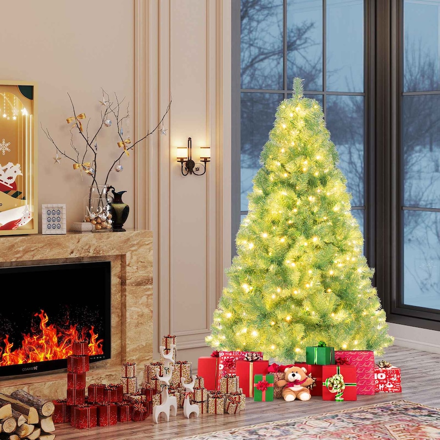 Costway 1.8M LED Pre-Lit Christmas Tree w/688 Tips Reflective Films 8 Modes PET Xmas Tree Decor Fruit Green