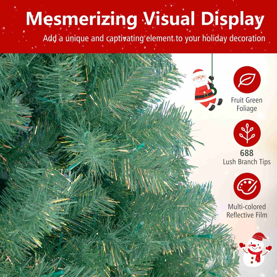 Costway 1.8M LED Pre-Lit Christmas Tree w/688 Tips Reflective Films 8 Modes PET Xmas Tree Decor Fruit Green